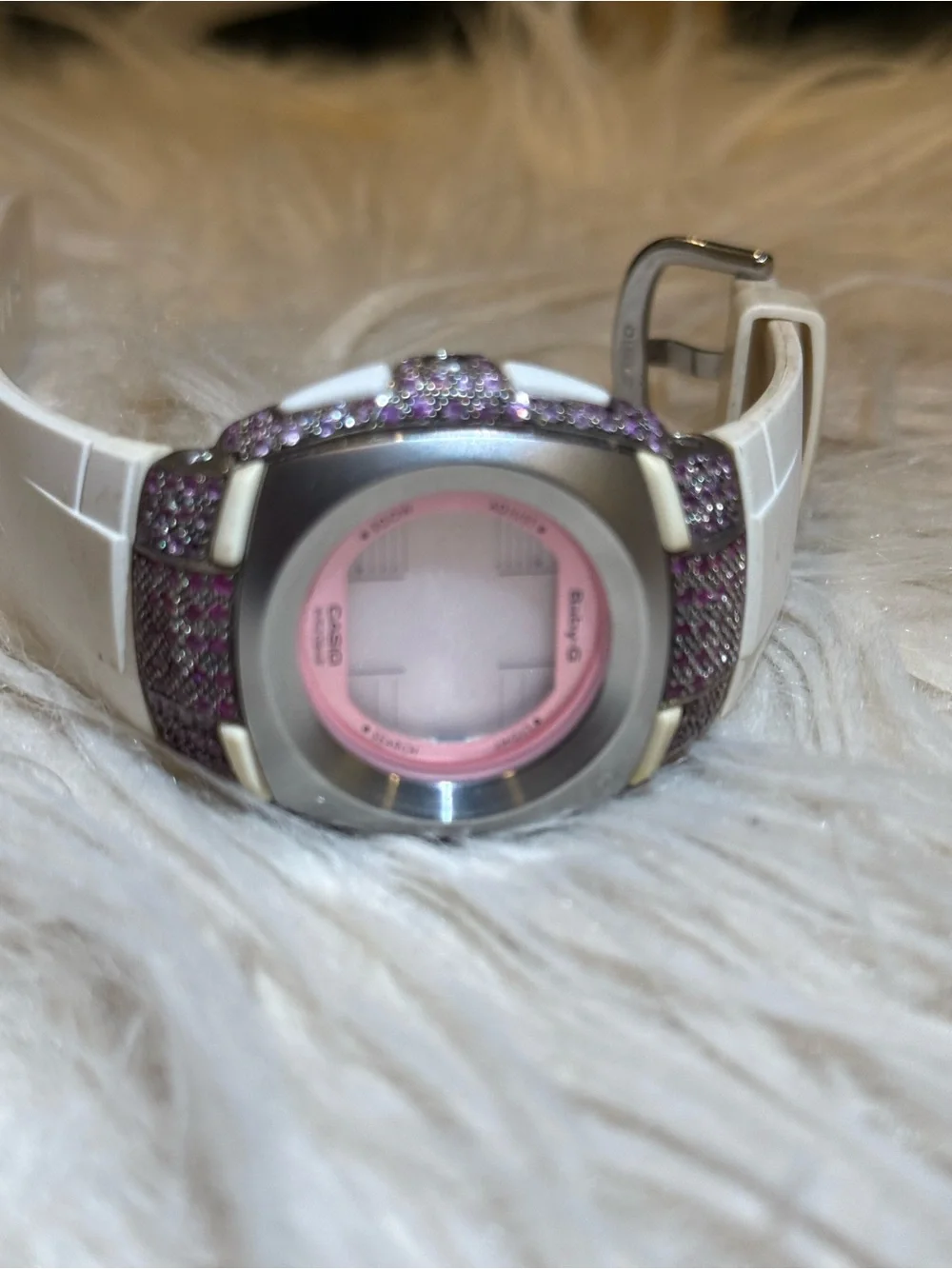 Casio Baby-G Pink Dial White Strap Watch with Purple Crystal Accents